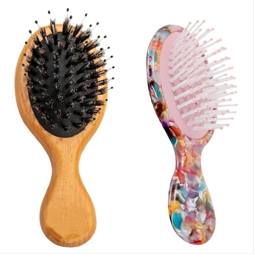 SINIDE Mini Boar Bristle Hair Brush Set - Portable Detangling Travel Comb