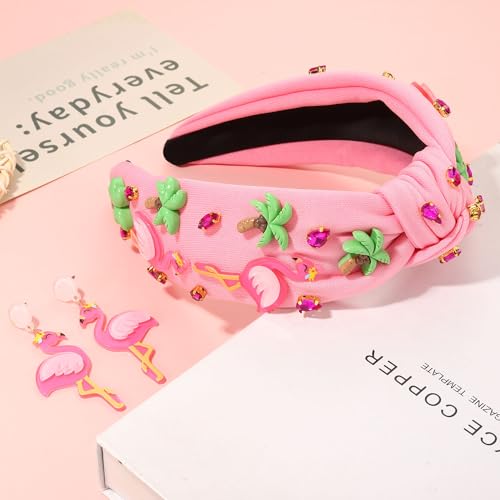 Flamingo 2 Rhinestone Knotted Headband - Tropical Jeweled Summer Hair Accessory