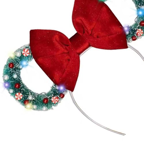 LED Christmas Mouse Ear Headband with Green Velvet Bow