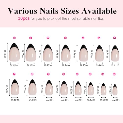 Canvalite Black French Tip Reusable Press On Nails - Short Almond Fake Nails with Glue & Remover, Manicure Kit for Women