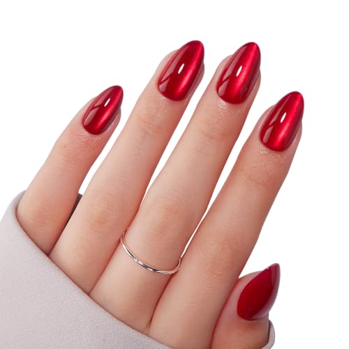 VSALON Short Almond Press-On Nails with Red Cat Eye Glow - Pulse Red, 16 Sizes