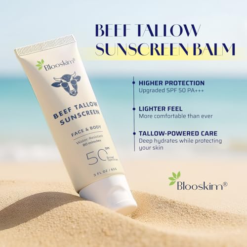 Blooskim Beef Tallow Sunscreen SPF 50, Natural Mineral Sunblock - 3 oz