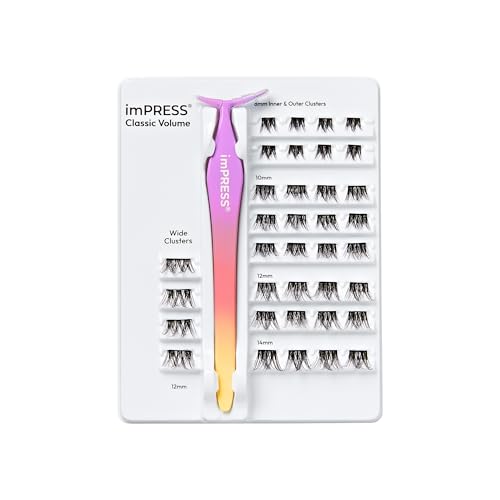 Kiss Impress Falsies Self Adhesive Eyelashes, Press On Lashes, 12mm-14mm Glam Volume Lashes, Black, No Glue Needed, Invisible Band, 36 Lash Clusters & Non-Stick Applicator - Voluminous
