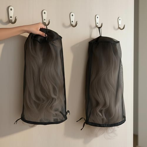 Aeaocvo 2 Pcs Wig Storage Bags with Drawstring - Breathable Nylon Cover (Black)