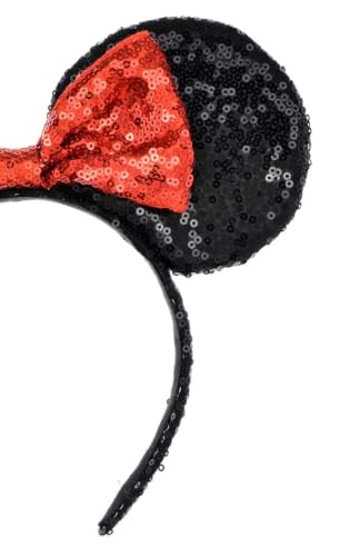 A Miaow Sequin Mouse Ears Headband with Red Bow - Black & Red Party Hair Accessory