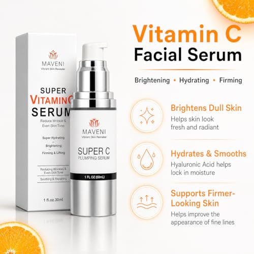 MAVENI Vitamin C Serum with Hyaluronic Acid - Brightening Anti-Aging Facial Serum for Dark Spots & Fine Lines, 1 Fl Oz