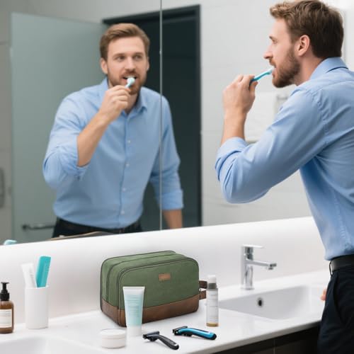 WANDF Green Travel Toiletry Bag for Men - Canvas Dopp Kit with Wet/Dry Separation
