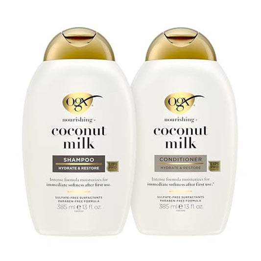 OGX Nourishing + Coconut Milk Sulfate Free Shampoo and Conditioner Set, Hydrates & Softens Hair, Lipi Pro Shield Technology, Creamy Coconut Milk White Peach & Shea Butter Scent, 2 Items, 2 x 13 fl oz