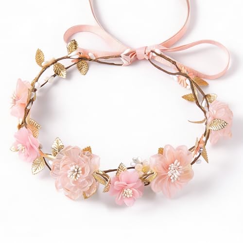 Hot Pink Bohemian Flower Crown Headband with Gold Leaves - Adjustable