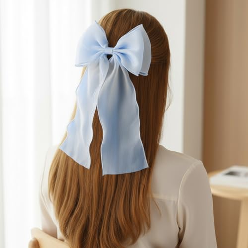 DOPENSPI 2PCS Large Blue Hair Bow Clips - Elegant Silk Ribbon Barrettes