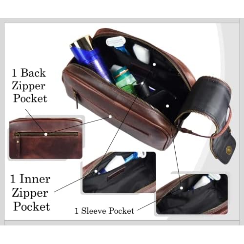 10" Premium Leather Toiletry Travel Pouch With Waterproof Lining | King-Size Handcrafted Vintage Dopp - Kit By Aaron Leather Goods (Dark Brown)