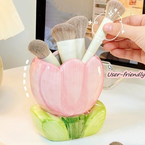 TANG SONG Pink Ceramic Tulip Makeup Brush Holder & Organizer