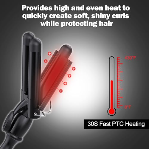 Kuwa Black 3-Barrel Curling Iron for Beach Waves & Curls, LCD Temp Display
