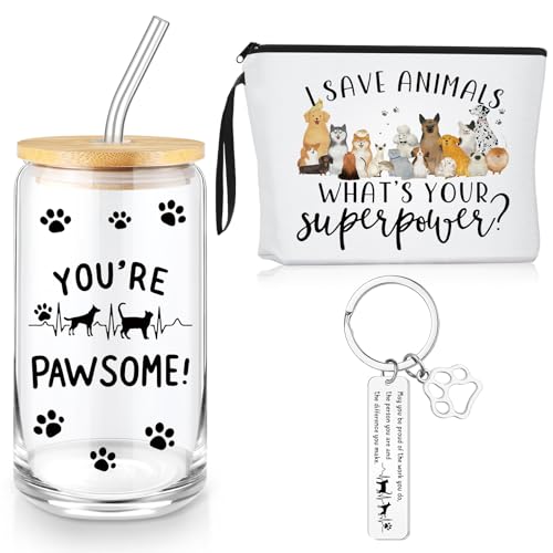 Veterinary Appreciation Gifts Set - Paterr 3 Pcs Vet Tech Thank You Gift with Dog Paw Makeup Bag, Cup & Keychain