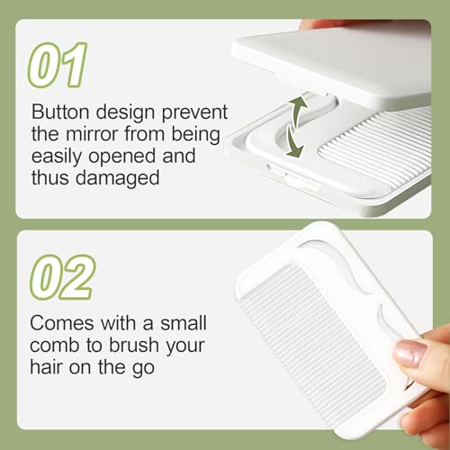 Jurrissa Protable Folding Mirror with Case, White – 2-in-1 Travel Compact Mirror & Hair Comb