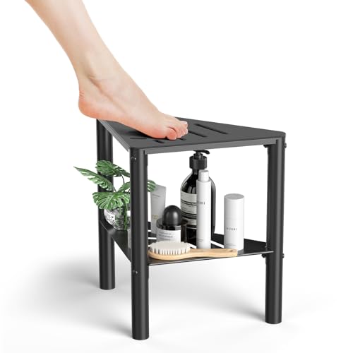 YAJONUE Corner Shower Stool with Storage Shelf & Non-Slip Foot Rest