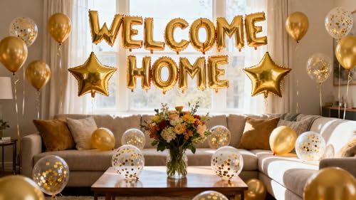 Welcome Home Balloon Banner with Star Confetti - 24 Pack Gold