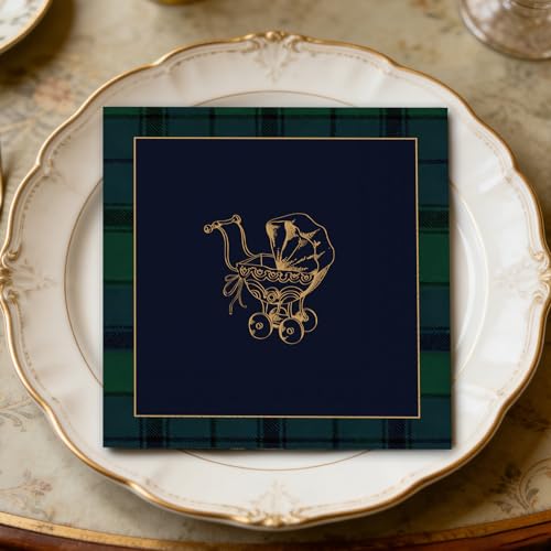 50Pcs Baby Shower Cocktail Napkins - Green Blue Tartan Plaid