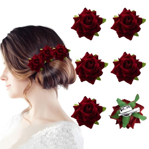 6Pcs Burgundy Rose Hair Clips & Brooch Set for Weddings and Parties