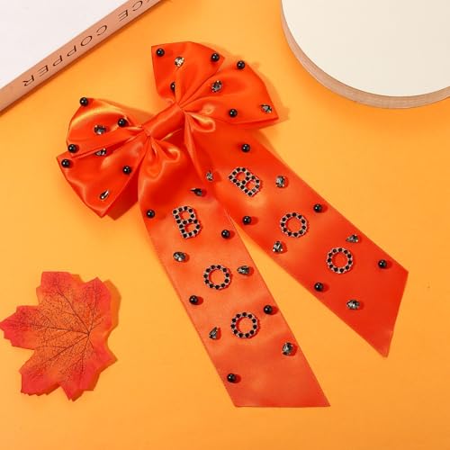 Large Halloween Hair Bow Clip - Pattern H Rhinestone Ghost & Pumpkin Ribbon