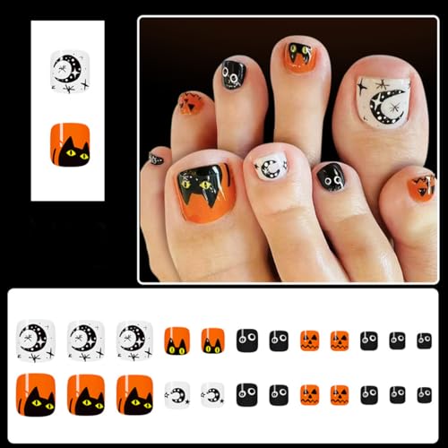 QUNQINLI Halloween Press On Toenails T10 Short Square Black White with Star Moon Cat Pumpkin Design, 24 Pcs