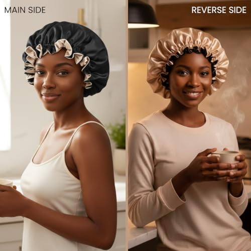 Reversible Silk Satin Hair Bonnet for Sleeping - Black/Champagne