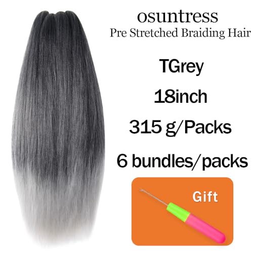 Osuntress Pre-Stretched Braiding Hair 18 Inch TGrey (6 Pack) Short Fake Braid