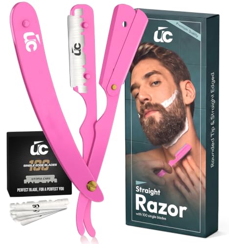 Utopia Care Professional Straight Razor for Men with 100 Blades - Pink, Safety Barber Razor