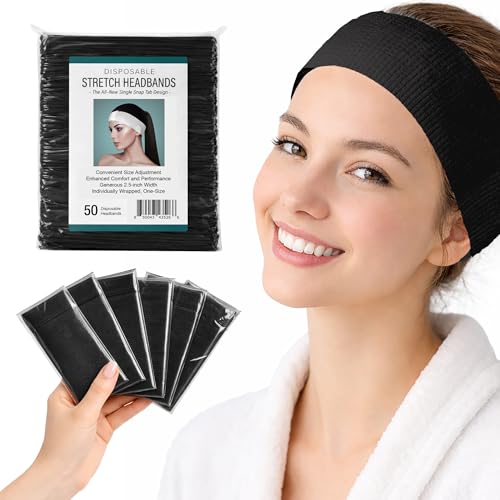 APPEARUS Disposable Black Facial Headbands - 50 Count, Hygienic Single Use, Latex-Free, Nonwoven Stretch Fabric for Salons & Spa