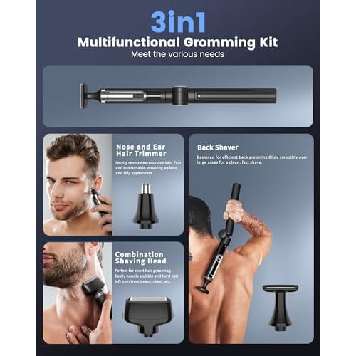 NUBACK Electric Back Shaver for Men, 3 in 1 Mens Back Shaver, Cordless Back Hair Trimmer for Men with Extendable Long Handle, Self-Service Body Groomer Razor with Wider Blade