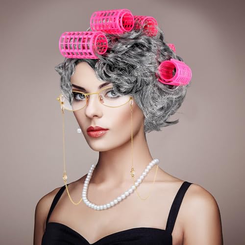 Old Lady Costume Set with Gray Curly Wig, Glasses, and Pearl Necklace