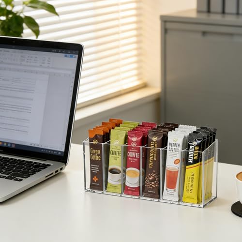 Acrylic Drink Packet Organizer with Removable Dividers - 6 Compartment Storage