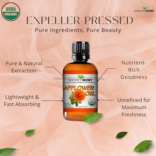 Organic Safflower Oil for Skin & Hair - High Oleic, Cold-Pressed, 100% Pure, Non-GMO, Vitamin E Rich, 4 oz