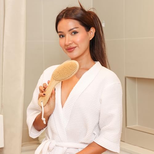 ROSENA Dry Body Brush with Curved Handle & Natural Bristles - Exfoliating Skin Care Tool