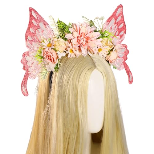 Pink Butterfly Fairy Headband with Wings - Floral Crown for Cosplay