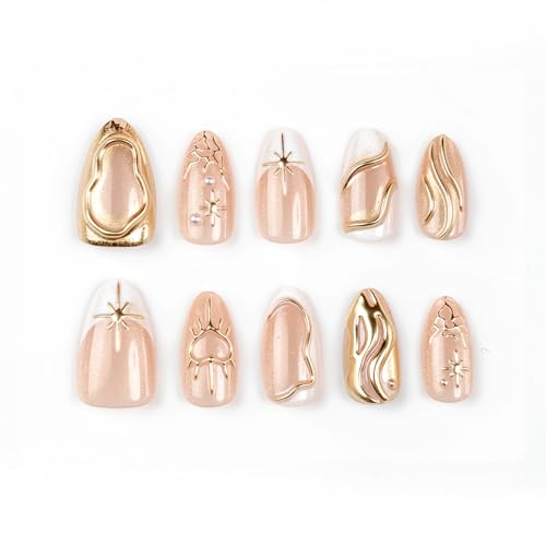 PEPFTG Champagne Gold Almond Press On Nails 3D Luxury Fake Nails 30 Pcs