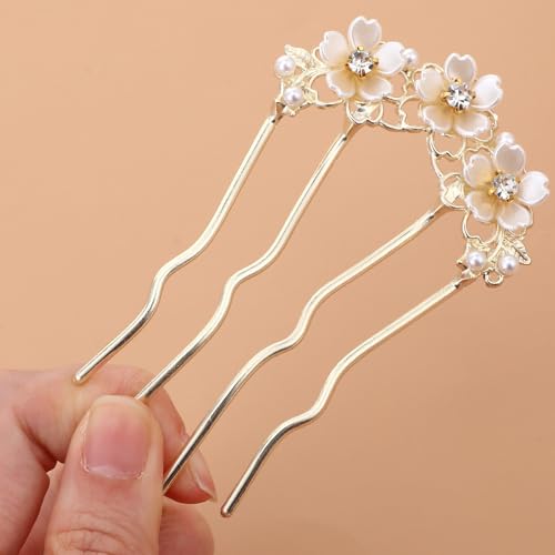 Gold French Hair Pins for Women - 2pcs Pearl Flower Bun Clips