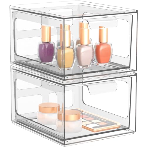 SpaceHacks 2 Pack Stackable Clear Makeup Organizer Drawers