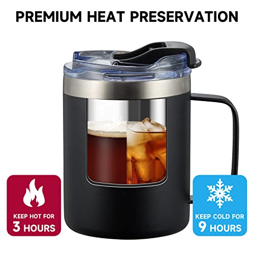 12oz Insulated Travel Coffee Mug with Handle - Black Stainless Steel Tumbler