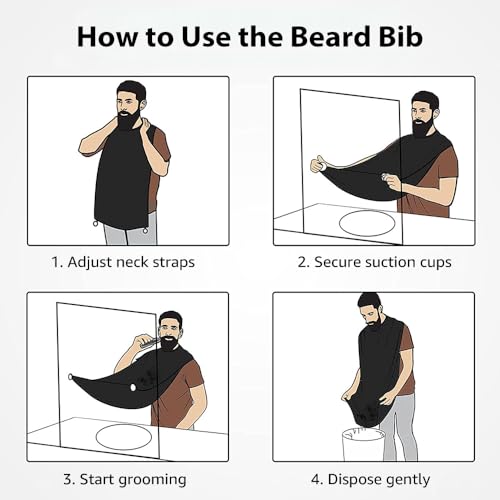 VUELANE Black Beard Bib Apron Hair Catcher for Men Grooming, Non-Stick Shaving Catcher with Suction Cups