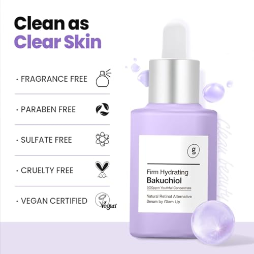 Glam Up Bakuchiol Serum with Hyaluronic Acid - Anti-Aging Facial Serum for Fine Lines & Pores (1.01 Fl Oz)
