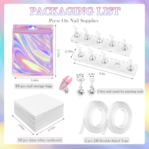 Press-On Nail Stand & Packaging Bag Set - 50 PCS Aurora Pink Storage Kit