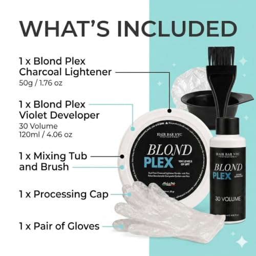 Hair Bar NYC Blond Plex 10X Lightener + 30 Volume Violet Developer Kit ? Dust-Free Charcoal Bleach Powder (50g / 1.76 oz) + Anti-Brass Developer (120 ml / 4.06 fl oz) ? Bond-Building Formula