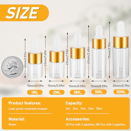 COTOM 100 Pack 1ml Mini Dropper Bottles for Cuticle Oil