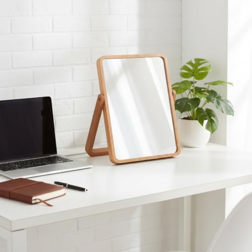 Desk Makeup Mirror with Wood Stand – Small Tabletop Vanity Mirror, 360° Rotating