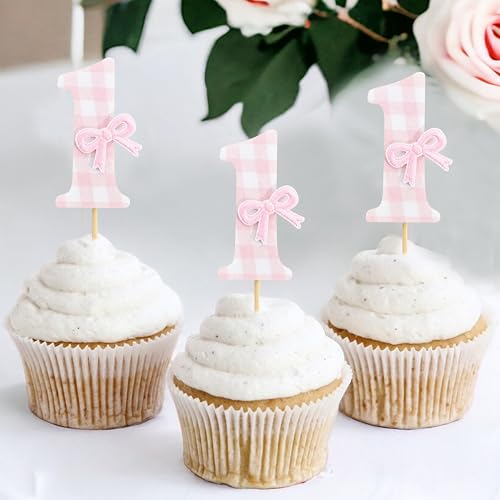 12 Pcs Pink Bow Cupcake Toppers for 1st Birthday & Anniversary