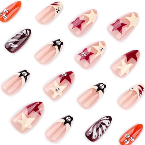 French Tip Press-On Nails Almond Medium 24Pcs – Y2K 3D Design Glam Kit