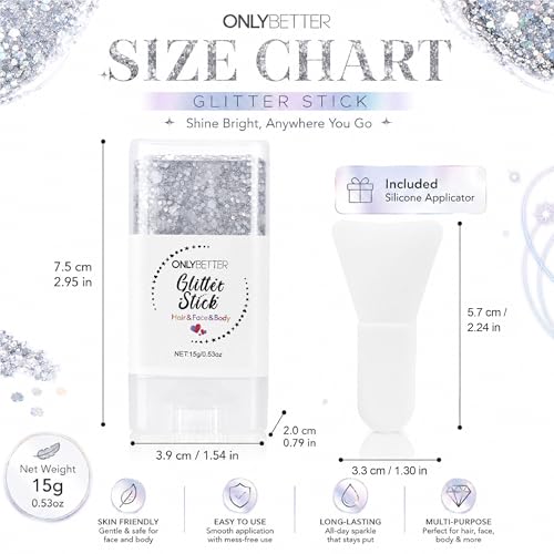 ONLYBETTER Silver White Glitter Stick for Body Face Hair Makeup - Multi-Use Holographic Glitter