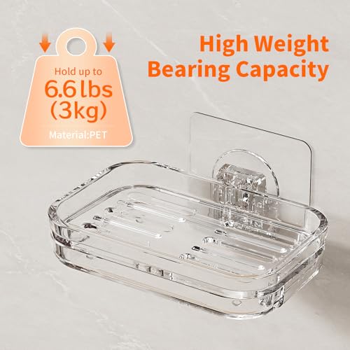Self-Draining Soap Dish Holder 2 Pack - Wall Mounted, Clear Plastic