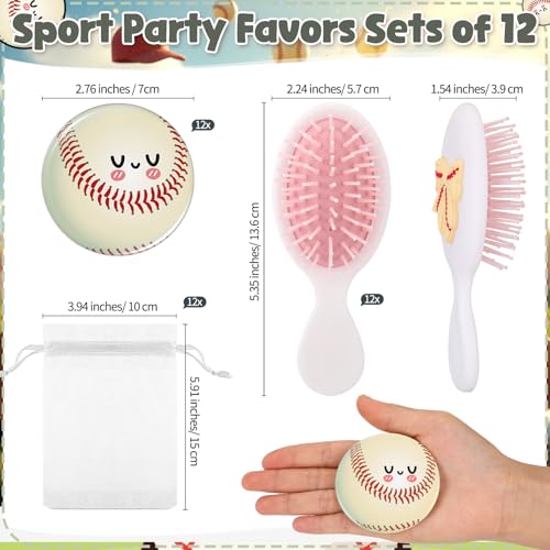 Wonderjune 12 Set Mini Hair Brush & Compact Mirror - Bowtie Baseball